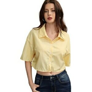 Oversized Button Down Short Sleeve Shirt Textured Collared Crop Top Yellow